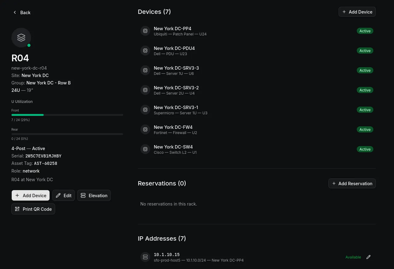 Obelinf rack detail view showing device inventory, U utilization, IP addresses, and reservations for a rack in a New York data center